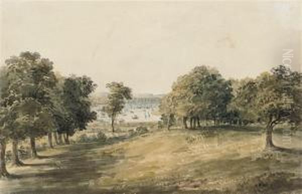 A Wooded Landscape Leading Down To A River, With Boats Sailing Andat Anchor - view 1