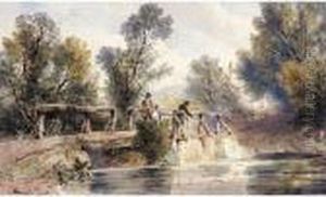 Figures Fishing For Trout From A Bridge by Joseph Murray Ince