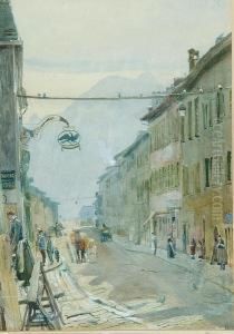 A Continental Street Scene With Figures, Probably Switzerland Or Northern Italy by John William Inchbold