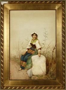A Young Woman Sitting On A Stone Wall by Filippo Indoni