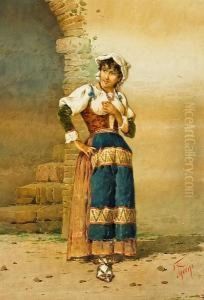 An Italian Peasant Woman Standing By A Portal