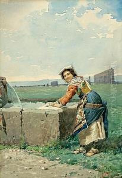 A Girl At A Well In The Roman Campagna - view 1