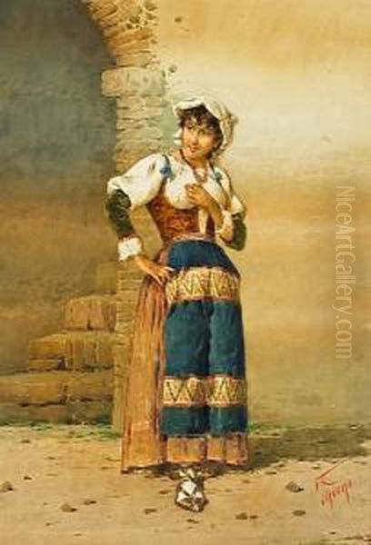 An Italian Peasant Woman Standing By A Portal; Also A Companion Watercolor (a Pair) - view 1