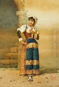 An Italian Peasant Woman Standing By A Portal; Also A Companion Watercolor (a Pair) by Filippo Indoni