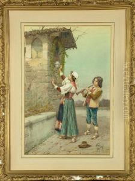 A Young Italian Woman Lighting A
 Lamp At A Wayside Shrine Watched By A Young Male Musician. - view 1