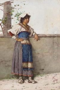 Study Of A Gypsy Girl Leaning Against A Wall; And Study Of A Gypsy Girl Carrying Wood by Filippo Indoni