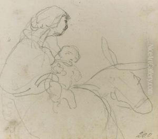 Fuga In Egitto Disegno A Penna 
Ed Inchiostro Su Carta Nocciola Chiaro Incollata Su Cartoncino - view 1