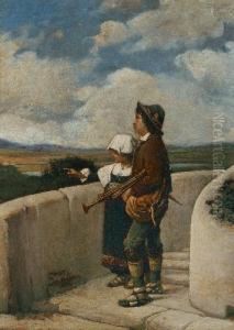 Madchen Und Bube Intracht Vor Landschaft Madchen Und Bube Intracht Vor Landschaft