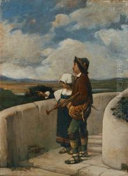 Madchen Und Bube In Tracht Vor Landschaft - view 1