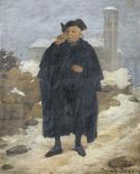 Geistlicher Vor Einer Kirche Im Winter - view 1