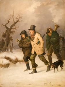 Suonatori Ambulanti Che Camminano Sulla Neve by Angelo Inganni