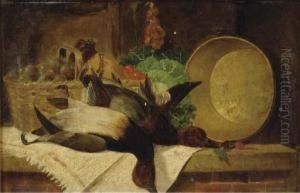 Still Life With Ducks, A Basket Of Fruit And A Pot On A Ledge by William Ayerst Ingram