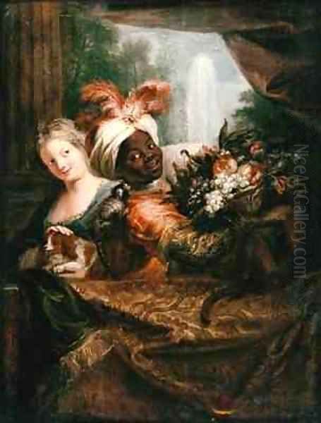 Young Black Man Holding a Basket of Fruit and a Young Girl Stroking a Dog - view 1