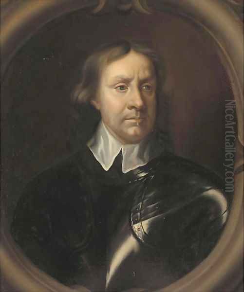Portrait of Oliver Cromwell (1599-1658), bust-length, in breast-plate and a white collar, in a sculpted cartouche - view 1