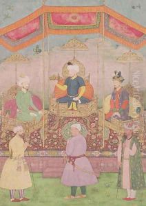 Mughal Emperor Babur and his son, Humayan, Indian miniature from Rajasthan, 16th century by Dip Chand