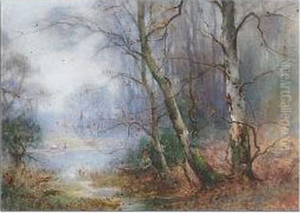 Woodland Clearing With Woman Gathering Firewood Beside A Pond - view 1