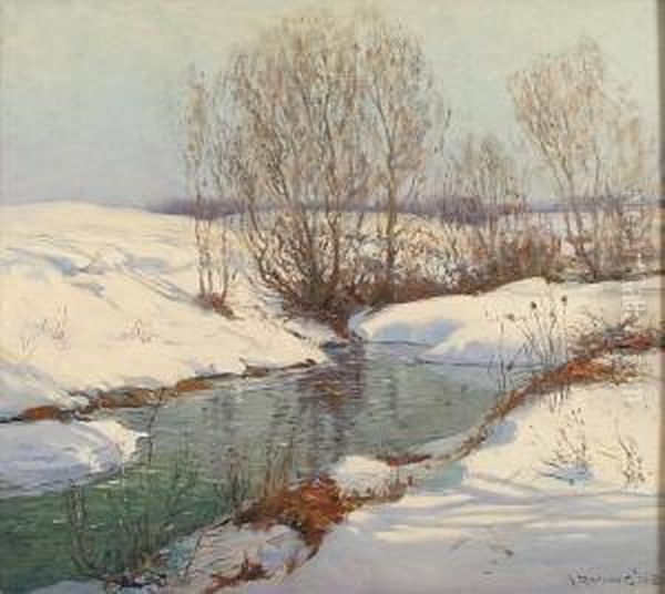 A Stream In Winter With Snow-covered Banks - view 1