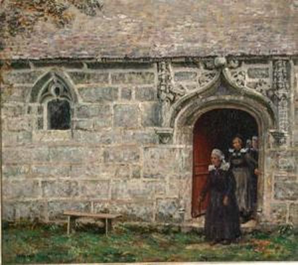Women Departing A Stone Church In Brittany - view 1
