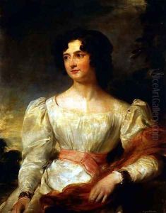 Portrait of Miss Belinda Way wearing a white dress and a pink sash by Margaret Sarah Carpenter