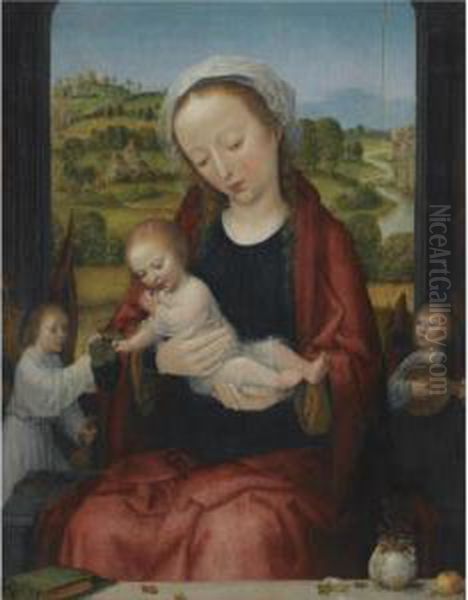 The Virgin And Child Enthroned,
Attended By Angels Before An Open Window, An Extensive Fluvial Landscape
Beyond - view 1