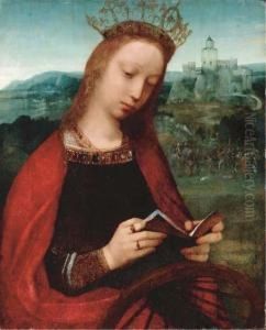Saint Catherine Of Alexandria, With The Scene Of Her Martyrdom Beyond by Adriaen Isenbrandt (Ysenbrandt)