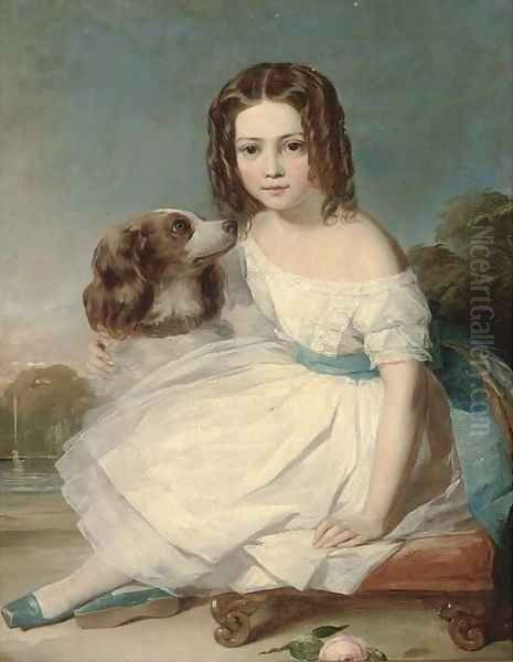 Portrait of a girl, seated full-length, in a white dress, stroking a spaniel, a fountain beyond - view 1
