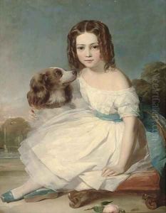 Portrait of a girl, seated full-length, in a white dress, stroking a spaniel, a fountain beyond by Margaret Sarah Carpenter