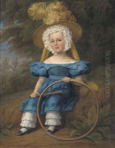 Portrait of a boy, seated full-length, in a blue dress and feathered hat, holding a hoop, in a landscape by Margaret Sarah Carpenter