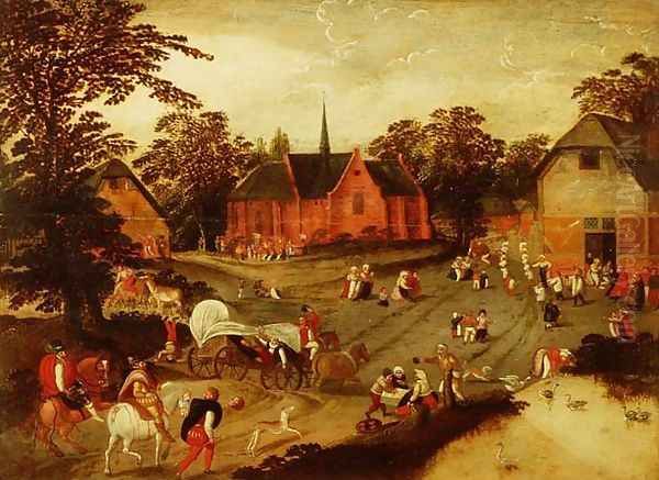 A village with gentlemen arriving on horseback, peasants in a covered wagon and a religious procession - view 1