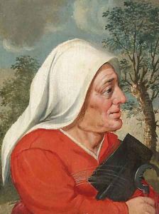 A peasant woman, half-length, with a sickle and spade by Marten Van Cleve