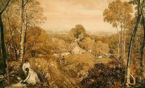 Wooded landscape with cottages and countrywomen, Hurley, Berks, 1818 by Joshua Cristall