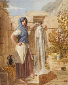 A Welsh girl at a fountain, Barmouth, Wales