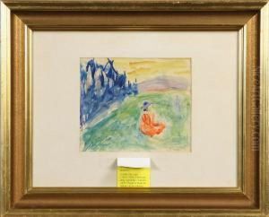 Flicka Pa Ang, Signerad I.
Ivarson Samt Intygad A Tergo Av Marta Taube-ivarson, Akvarell, 17x20,5 by Ivan Ivarson