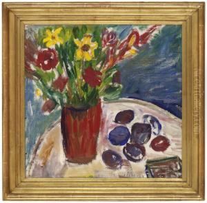 Stilleben Med Blommor Och Plommon