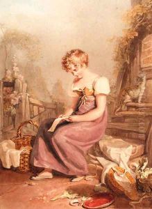 A young girl seated reading a letter by Joshua Cristall