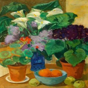 Still Life With Fruits, Geranium And Calla Lillies