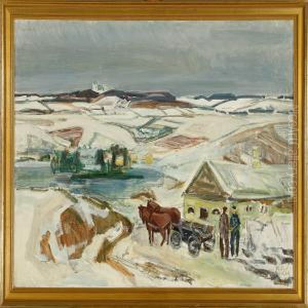 Winter Scenery With Horses, People And House - view 1