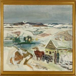 Winter Scenery With Horses, People And House by Kraesten Iversen
