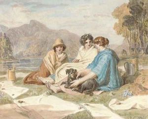 Washerwomen resting by a lake by Joshua Cristall