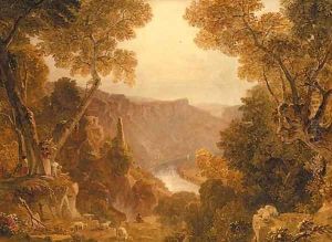Figures gathering wood in a mountainous landscape by Joshua Cristall
