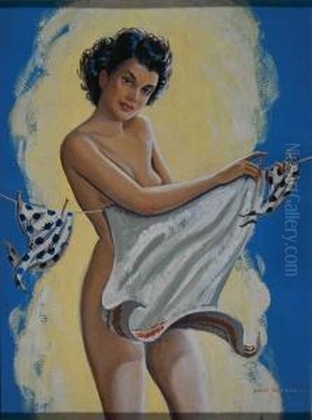 Nude Woman Hanging Clothes On Line. - view 1