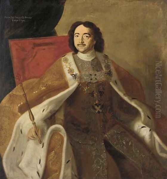 Portrait of Tsar Peter the Great, three-quarter-length sitting on the throne, in state robes with sceptre, wearing the order of St. Andrew - view 1