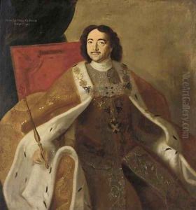 Portrait of Tsar Peter the Great, three-quarter-length sitting on the throne, in state robes with sceptre, wearing the order of St. Andrew