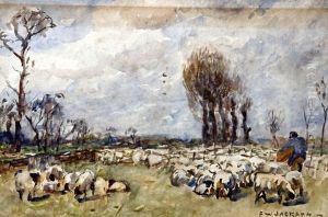 Shepherd And Flock In A Meadow by Frederick William Jackson