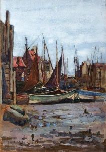 Fishing Boats And A Village by Frederick William Jackson