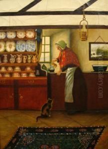 Interior Scene With A Lady In Cottage With Cat And Dresser Withdecorative Pottery