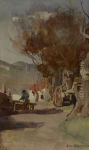 Farmyard With Figure Working by Frederick William Jackson