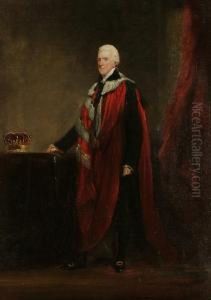 Portrait Full Length, Thought To
Be Of The Earl Of Harewood, Wearing Ceremonial Robes, Standing Next To A
Coronet On A Table by John Jackson