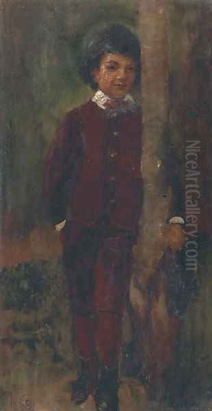 A boy leaning on a tree - view 1