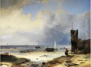 Niederlandischer Strand Mit Fischerbooten Und Einer Leuchtturmmauer Niederlandischer Strand Mit Fischerbooten Und Einer Leuchtturmmauer
